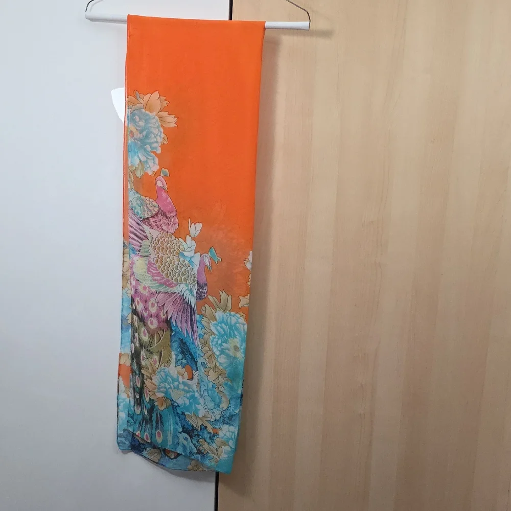 Orange and Blue Floral Scarf, Vibrant, Sheer, 20